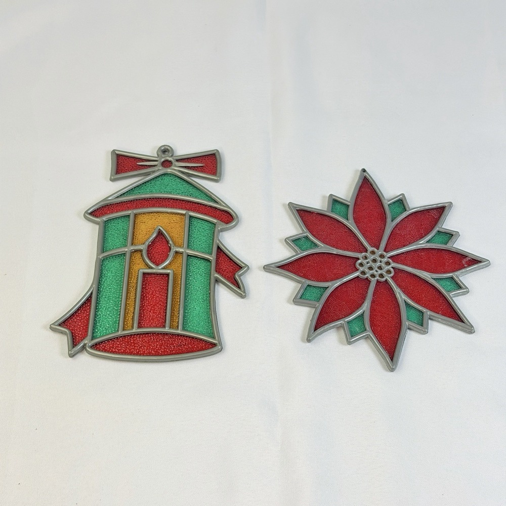 2 Vintage Window Vue 1960's Christmas Plastic Stained Glass Lantern & Poinsettia